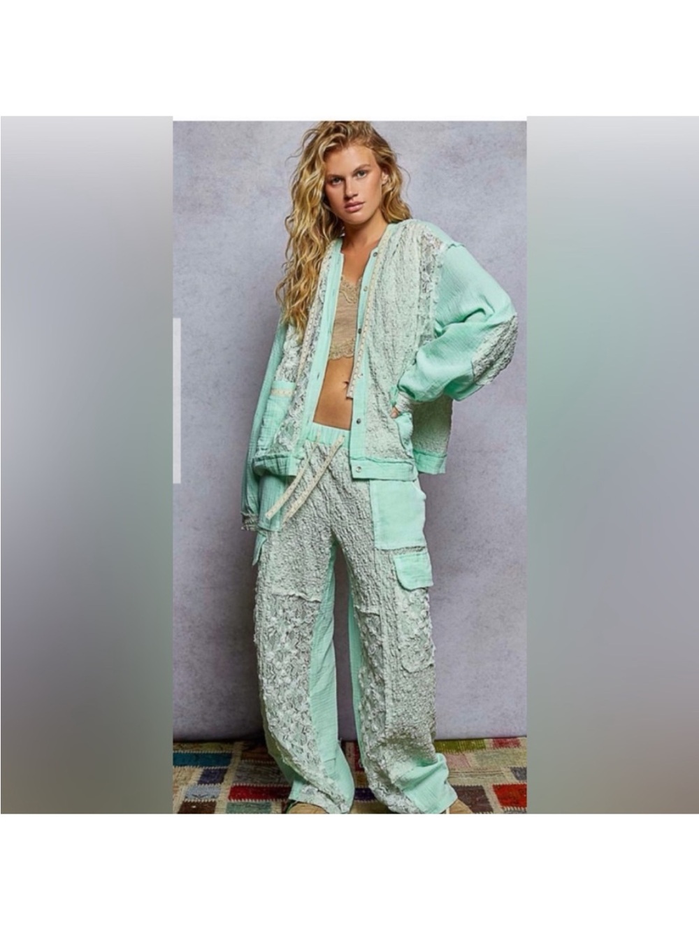 POL Mint Green Textured Jacket and Pants Set